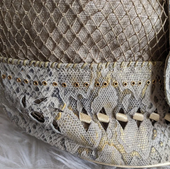El Vaquero Beige Python Hobo Bucket Bag Purse Snakeskin Fishnet Linen - Picture 11 of 15
